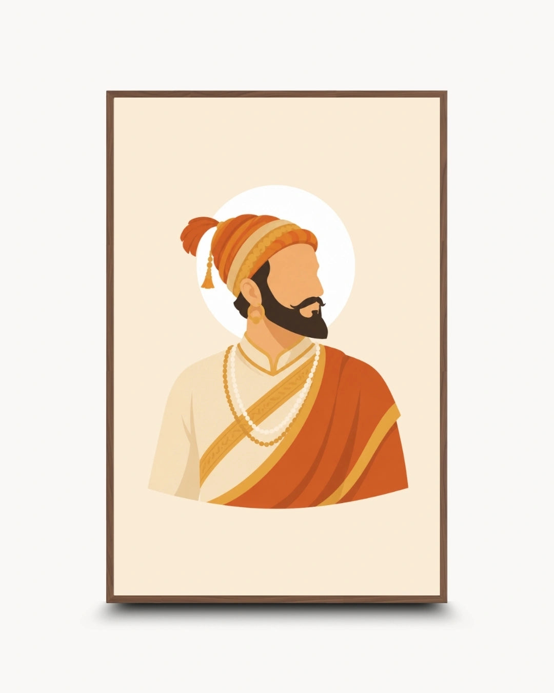 Minimalist profile illustration of Chhatrapati Shivaji Maharaj presented as a modern wall art piece in a rich walnut wood frame.