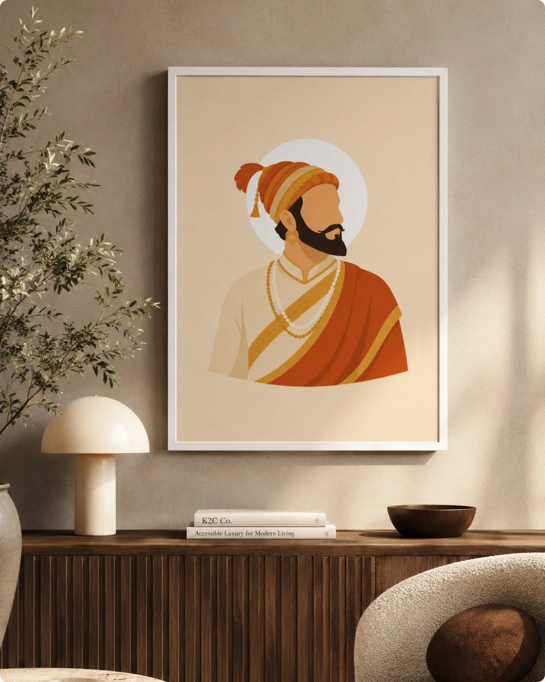 Lifestyle interior mockup of the Shivaji Maharaj wall art in a clean white frame hung over a dark ribbed credenza featuring a modern mushroom lamp.