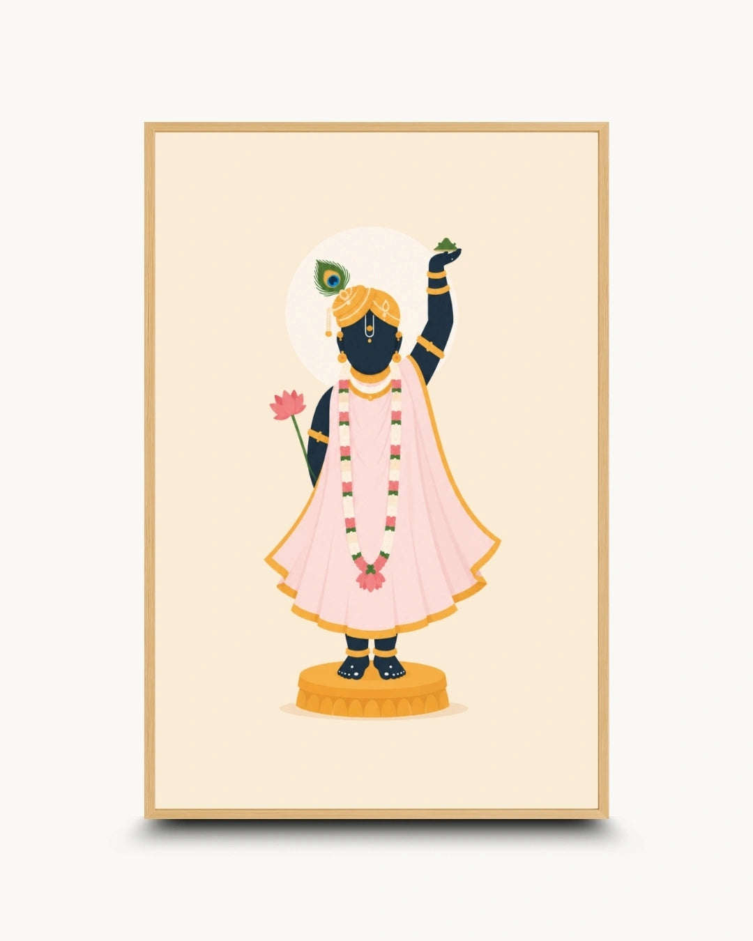 Minimalist illustration of Lord Shrinathji in a beautiful pink poshak presented as a modern wall art piece in a light maple wood frame.
