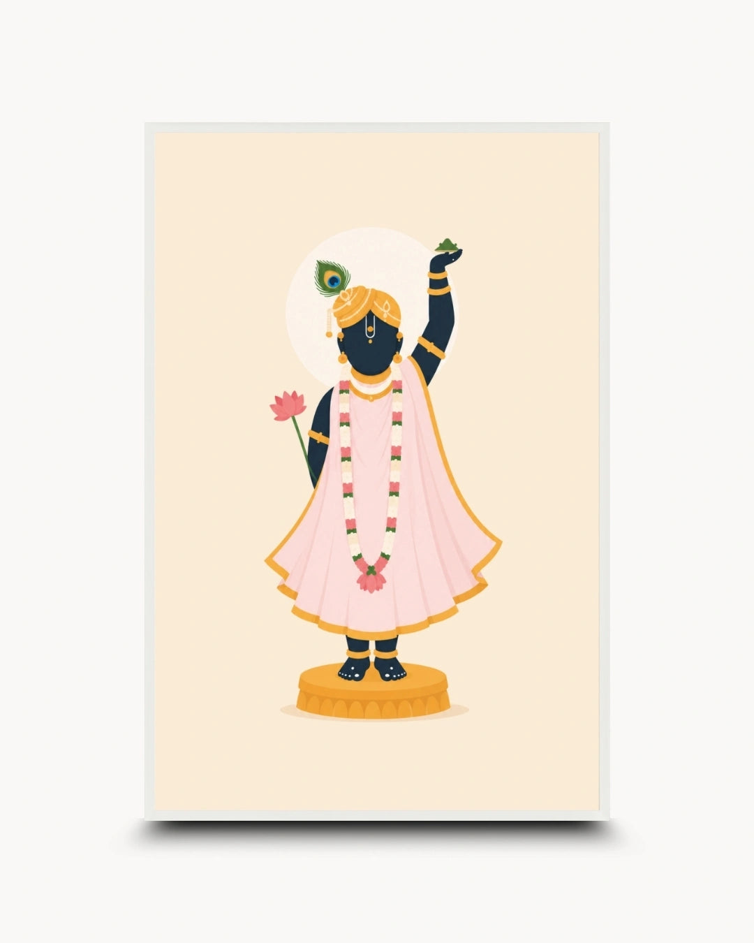 Minimalist illustration of Lord Shrinathji in a beautiful pink poshak presented as a modern wall art piece in a clean moon white frame.