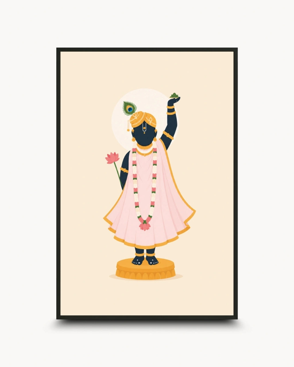 Minimalist illustration of Lord Shrinathji in a beautiful pink poshak presented as a modern wall art piece in a sleek noir black frame.