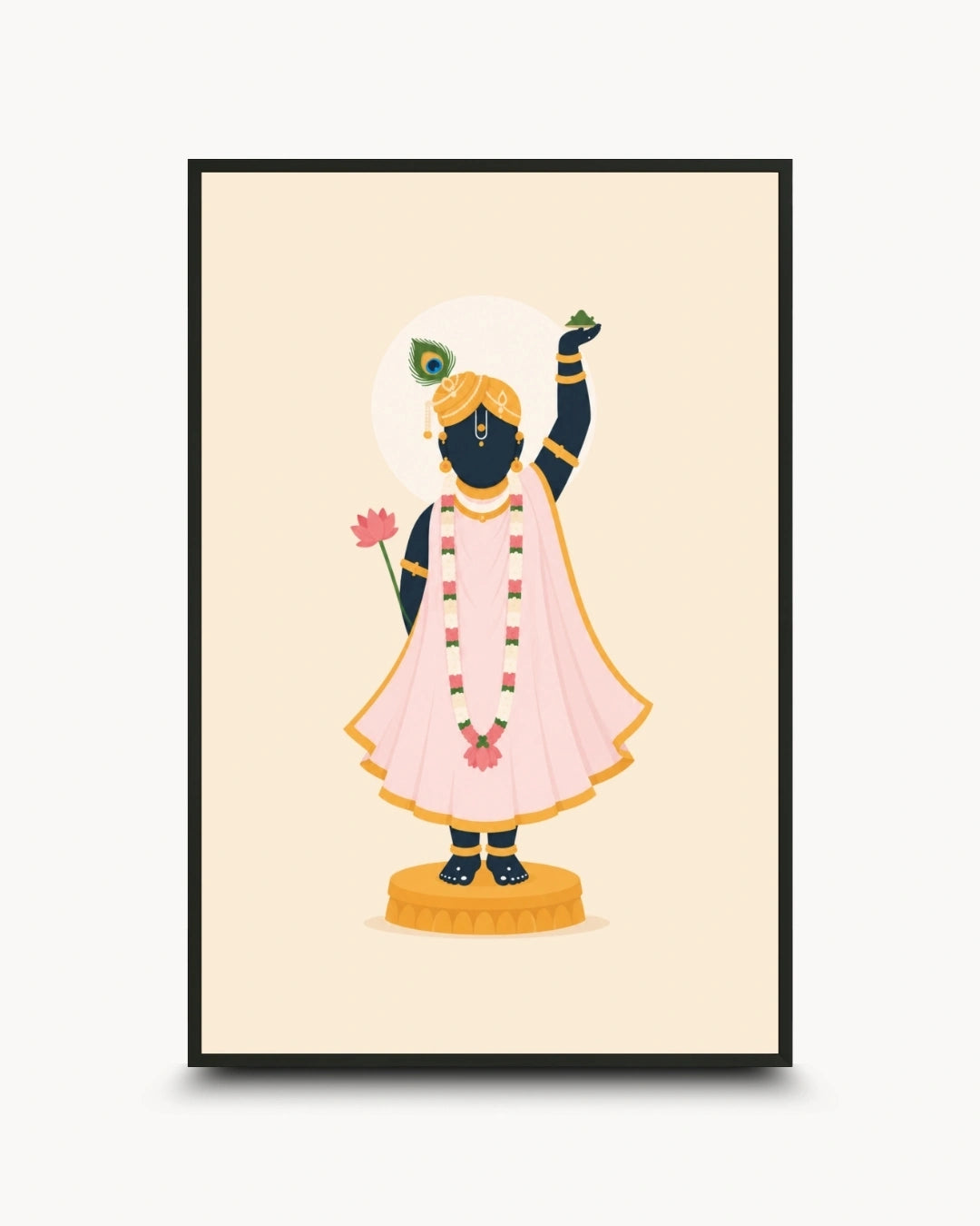 Minimalist illustration of Lord Shrinathji in a beautiful pink poshak presented as a modern wall art piece in a sleek noir black frame.