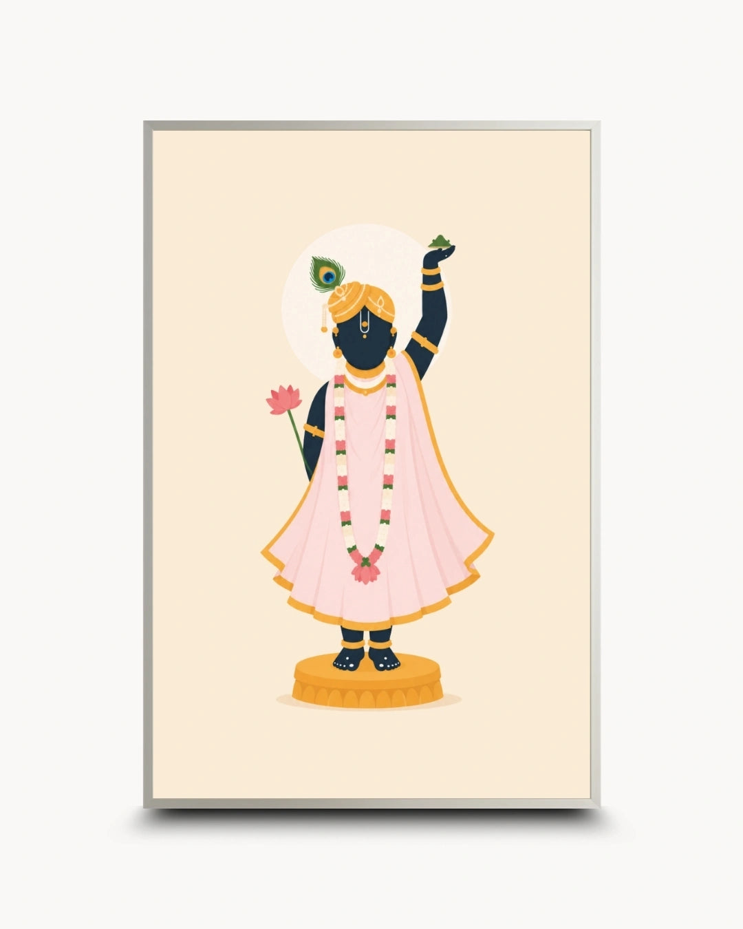 A framed art print featuring a stylized illustration of Lord Shrinathji standing on a pedestal, wearing a pink dhoti and yellow turban with a peacock feather, against a light cream background.