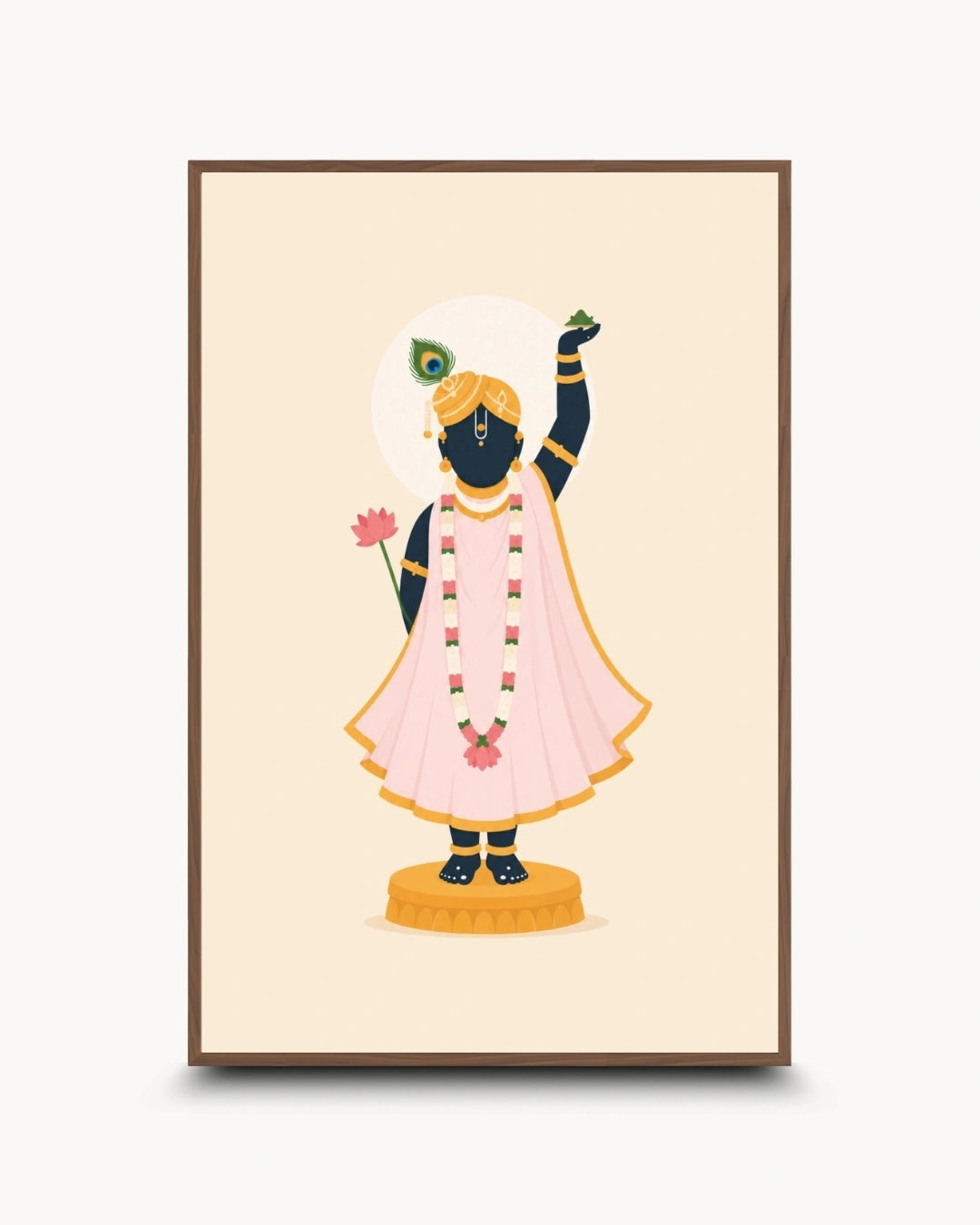A framed art print featuring a stylized illustration of Lord Shrinathji standing on a pedestal, wearing a pink dhoti and yellow turban with a peacock feather, set against a cream background.