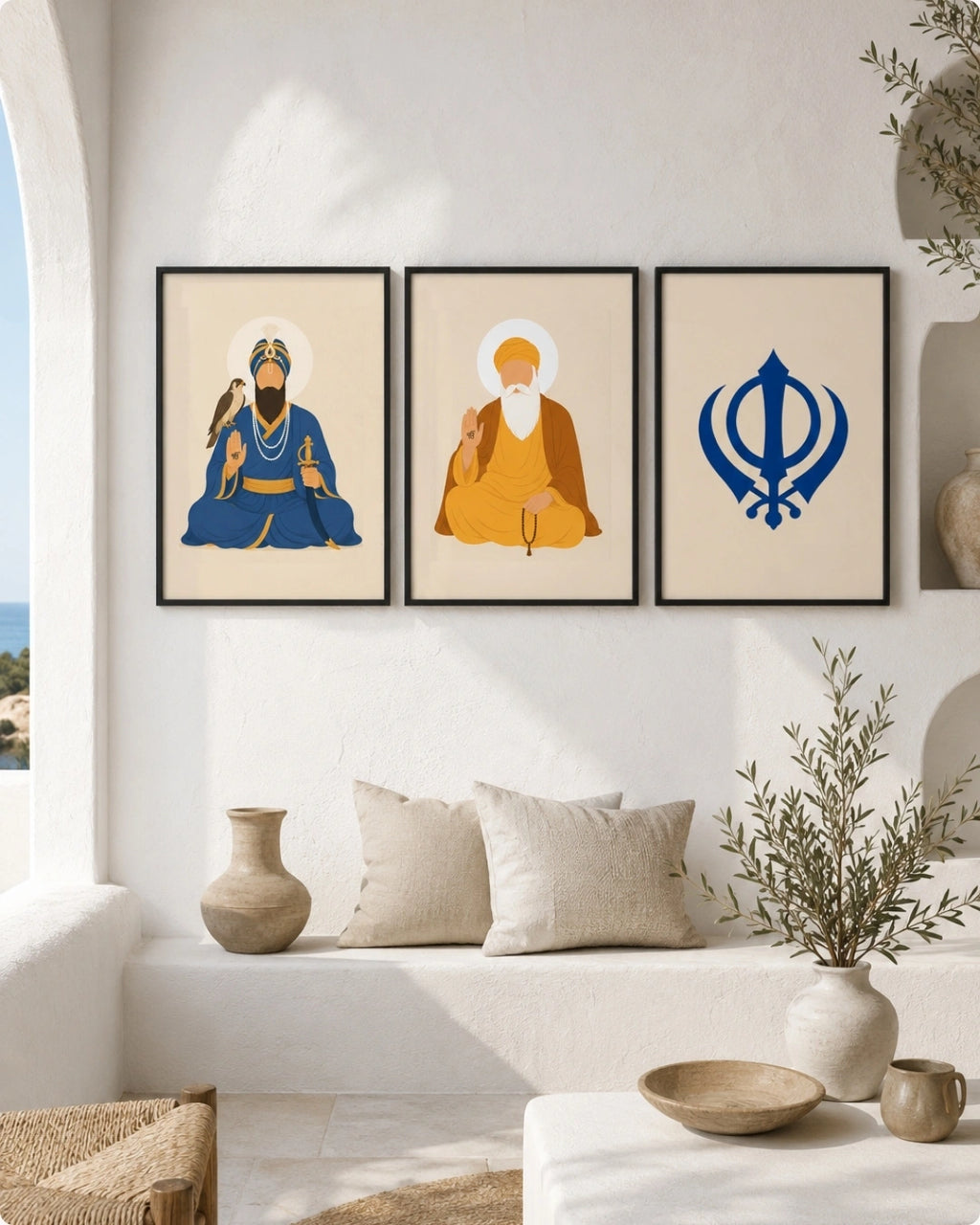 Lifestyle mockup of the Sikh Triad 3-piece wall art set in sleek black frames, styled perfectly aligned above a minimalist white lounge setting.
