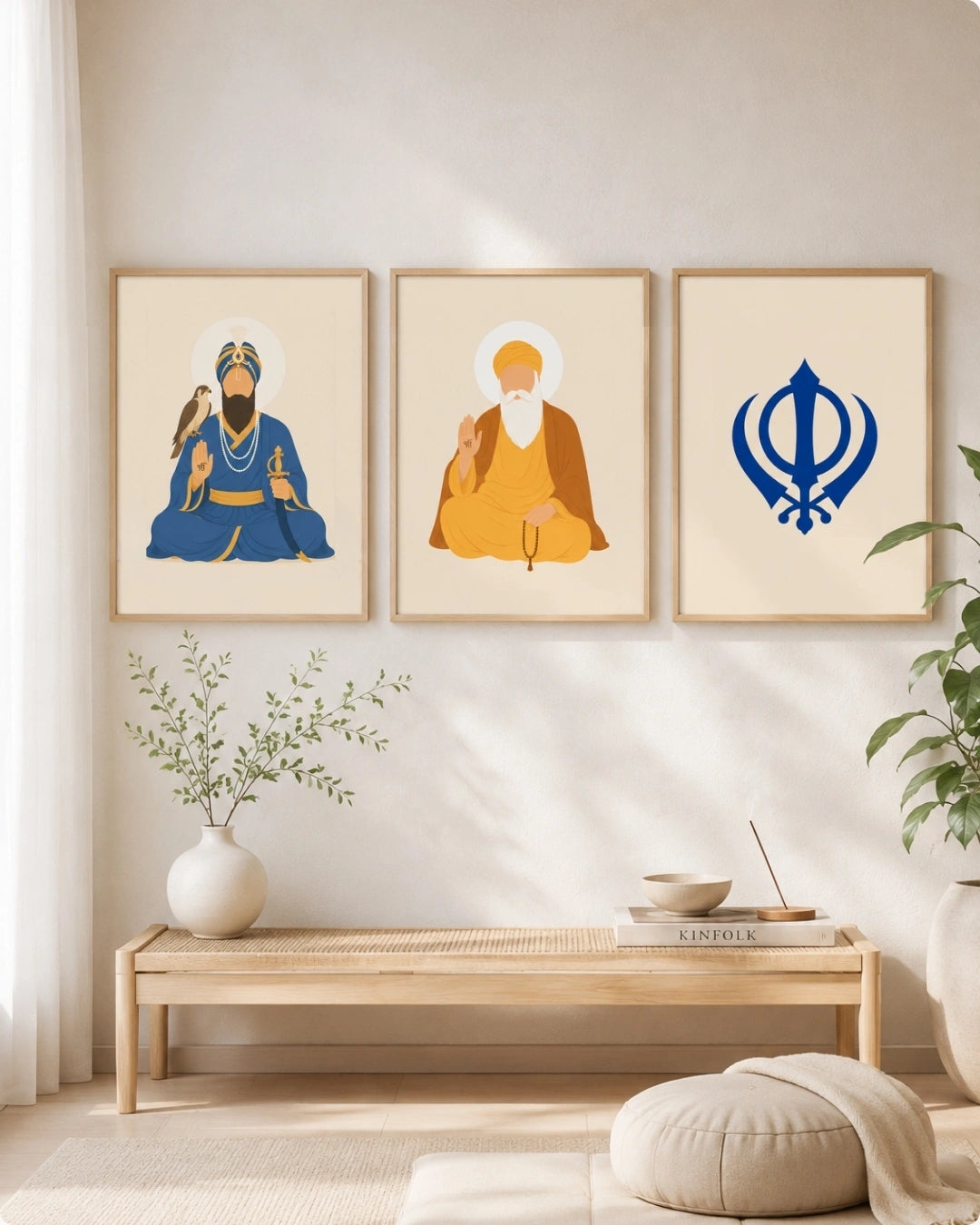 Lifestyle mockup of the Sikh Triad 3-piece wall art set in maple wood frames, styled above a light wooden bench in a serene Japandi entryway.