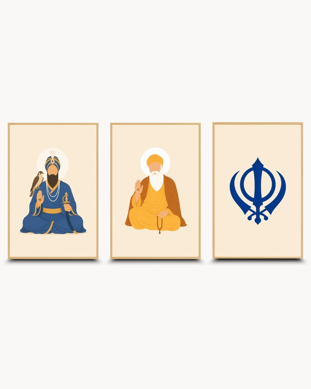Minimalist illustration set of 3 featuring Guru Gobind Singh Ji, Guru Nanak Dev Ji, and the sacred Khanda symbol, presented as modern framed wall art pieces in light maple wood frames.