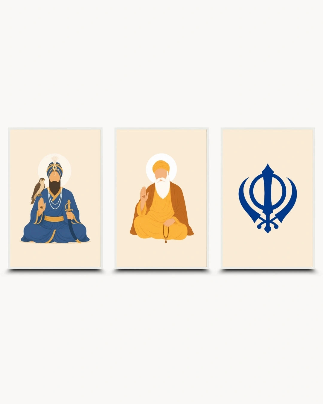 Minimalist illustration set of 3 featuring Guru Gobind Singh Ji, Guru Nanak Dev Ji, and the sacred Khanda symbol, presented as modern framed wall art pieces in clean moon white frames.