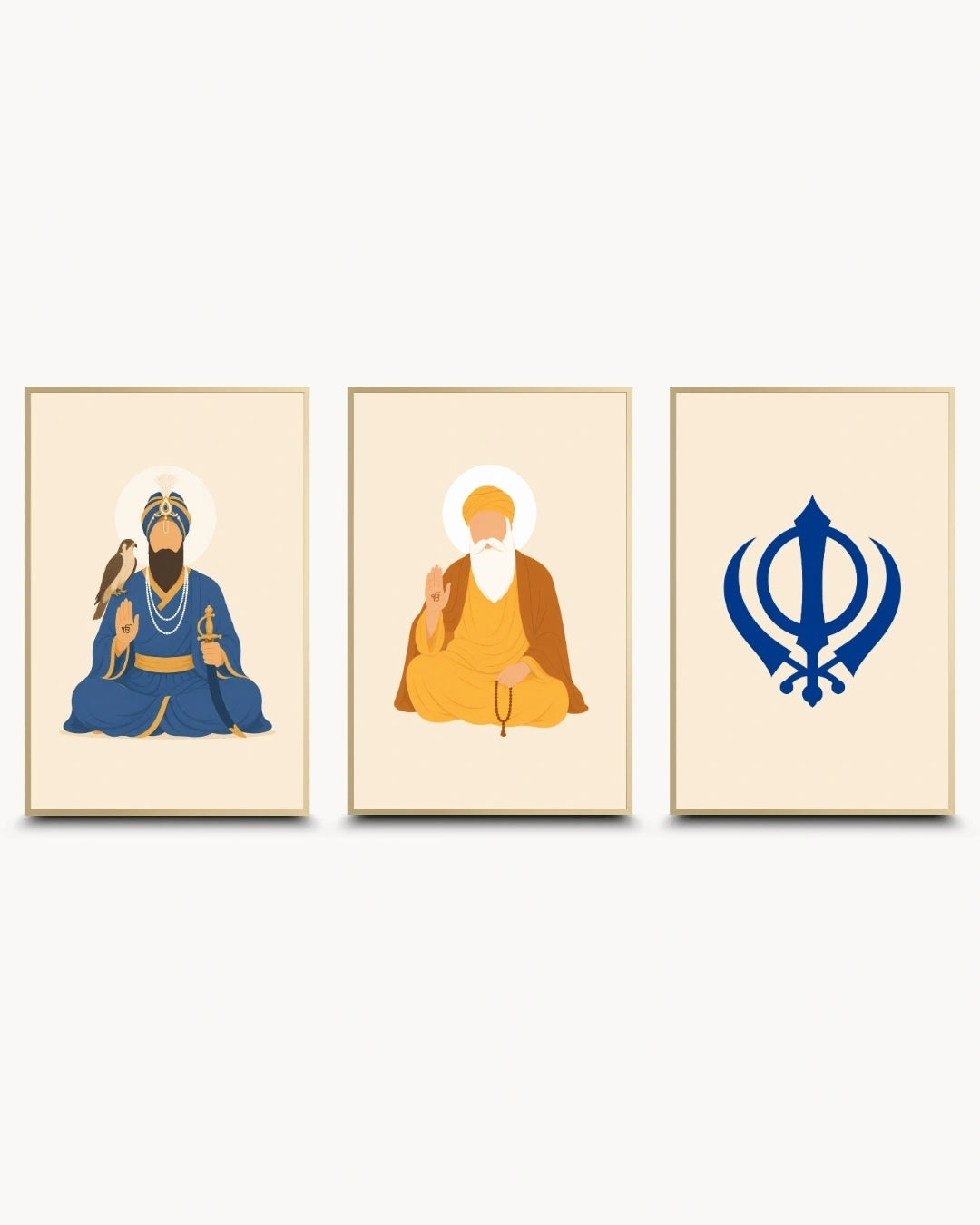 Minimalist illustration set of 3 featuring Guru Gobind Singh Ji, Guru Nanak Dev Ji, and the sacred Khanda symbol, presented as modern framed wall art pieces in elegant satin gold frames.