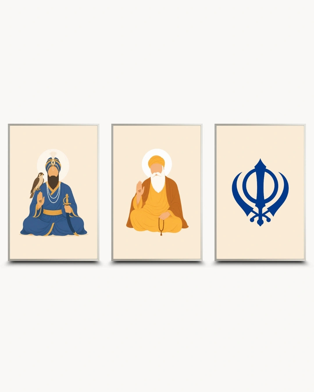 Minimalist illustration set of 3 featuring Guru Gobind Singh Ji, Guru Nanak Dev Ji, and the sacred Khanda symbol, presented as modern framed wall art pieces in modern satin silver frames.