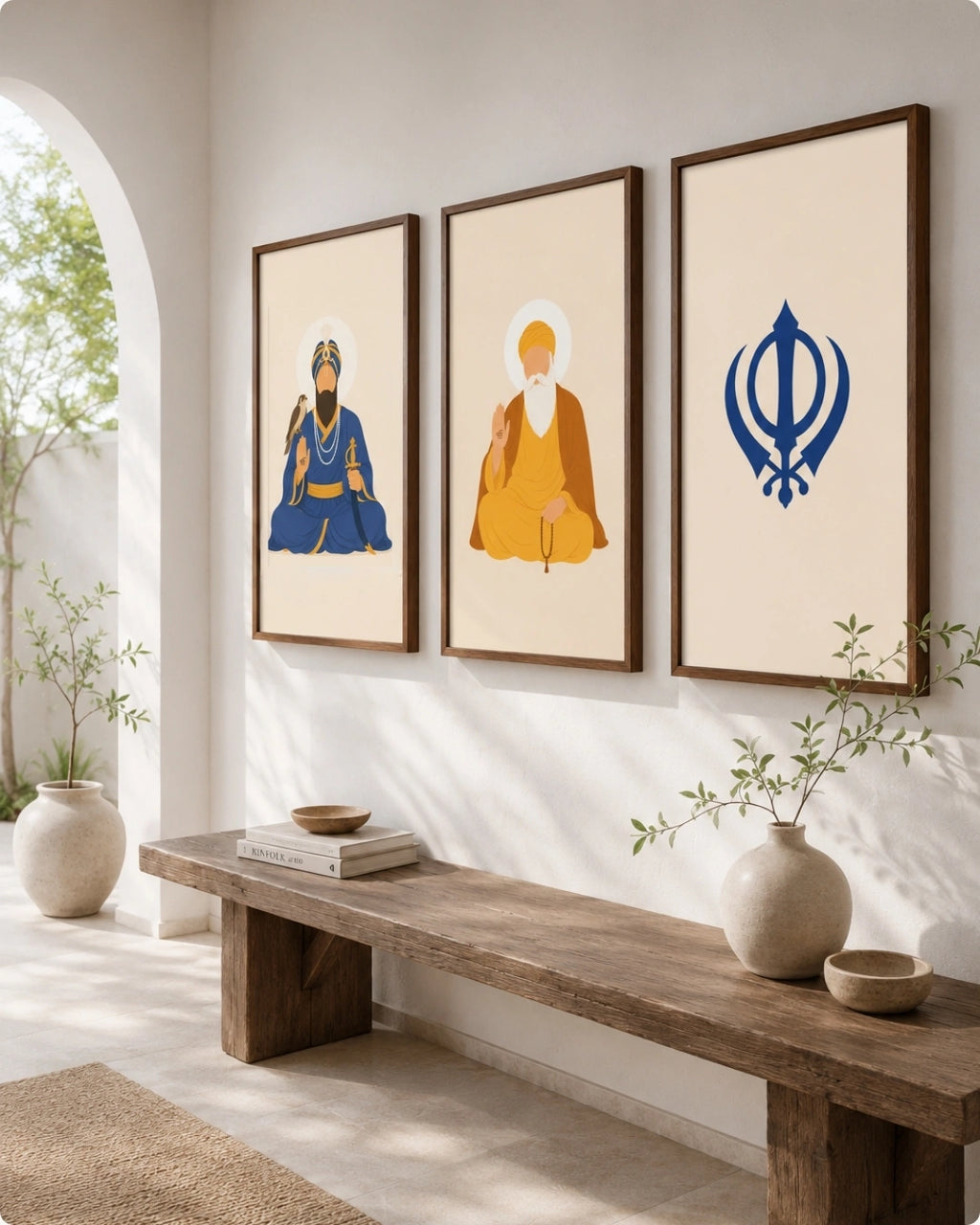 Lifestyle interior mockup of the Sikh Triad 3-piece wall art set in rich walnut wood frames, hung in a sunlit arched hallway above a rustic wabi-sabi wooden bench.