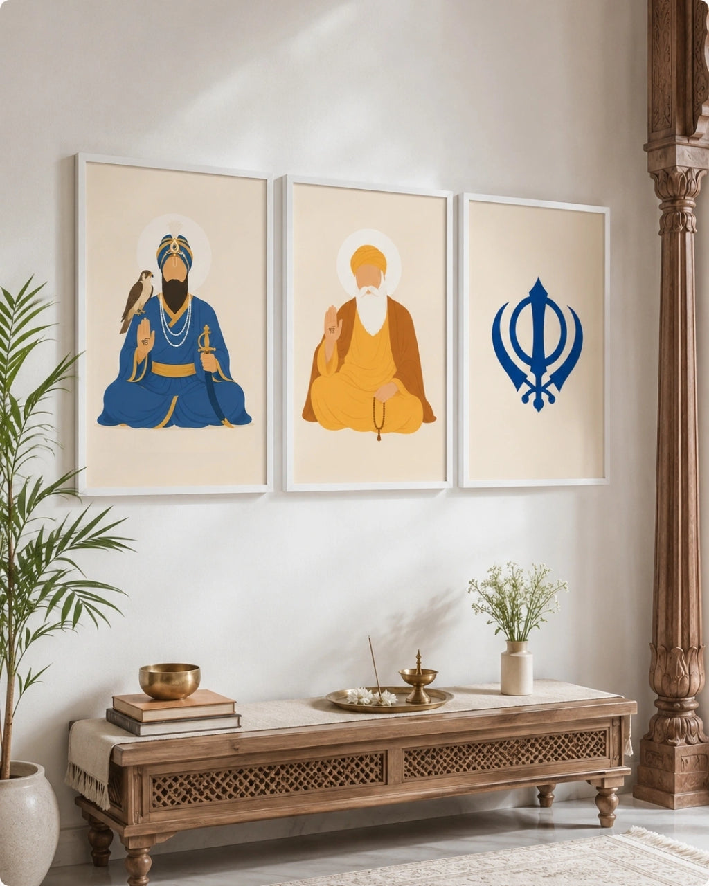 Lifestyle mockup of the Sikh Triad 3-piece wall art set in clean white frames, displayed over a beautifully carved traditional wooden bench adorned with subtle brass decor.
