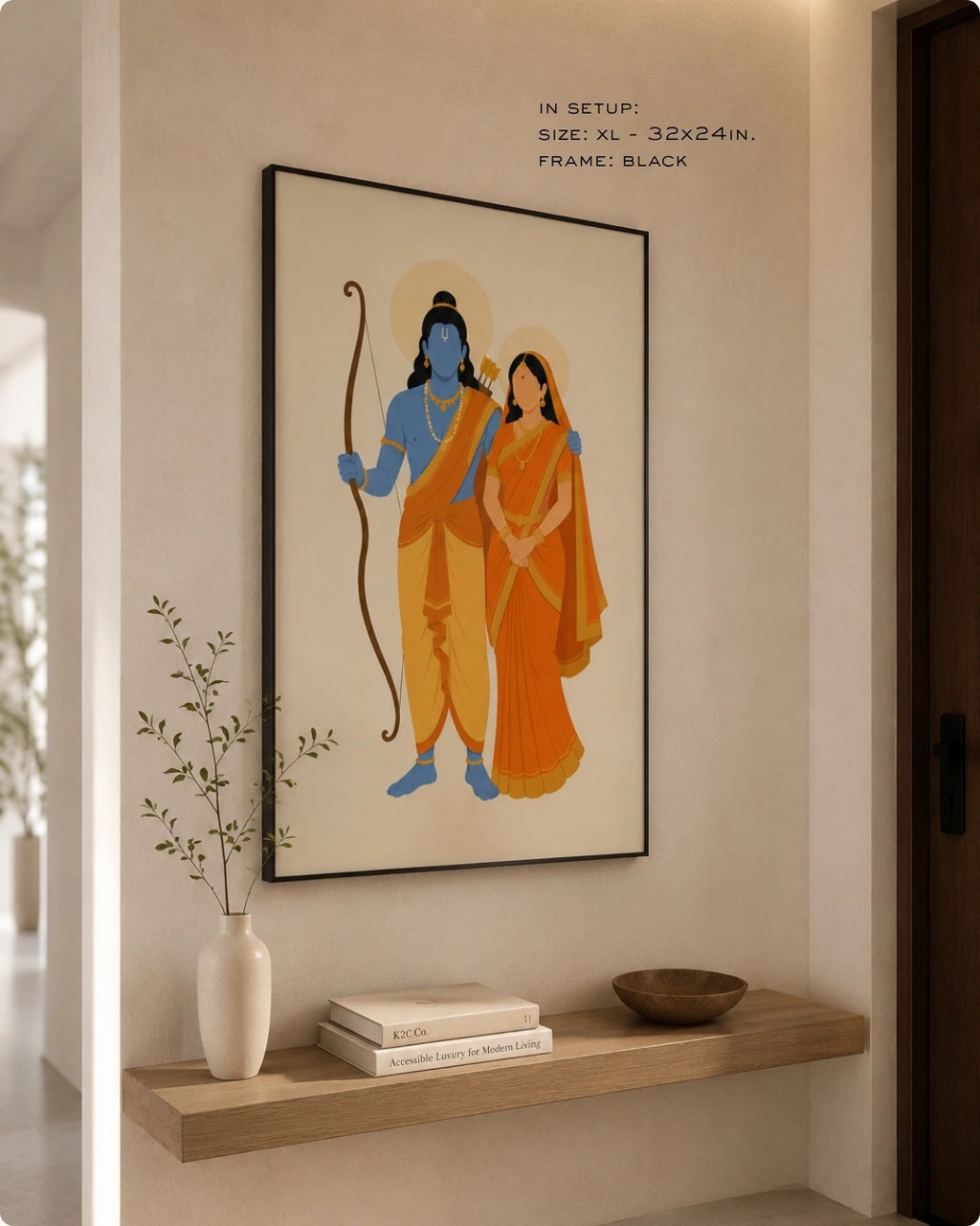 Lifestyle mockup of the minimalist Hindu divine couple Sita and Rama wall art in a sleek black frame, displayed over a modern floating wooden shelf