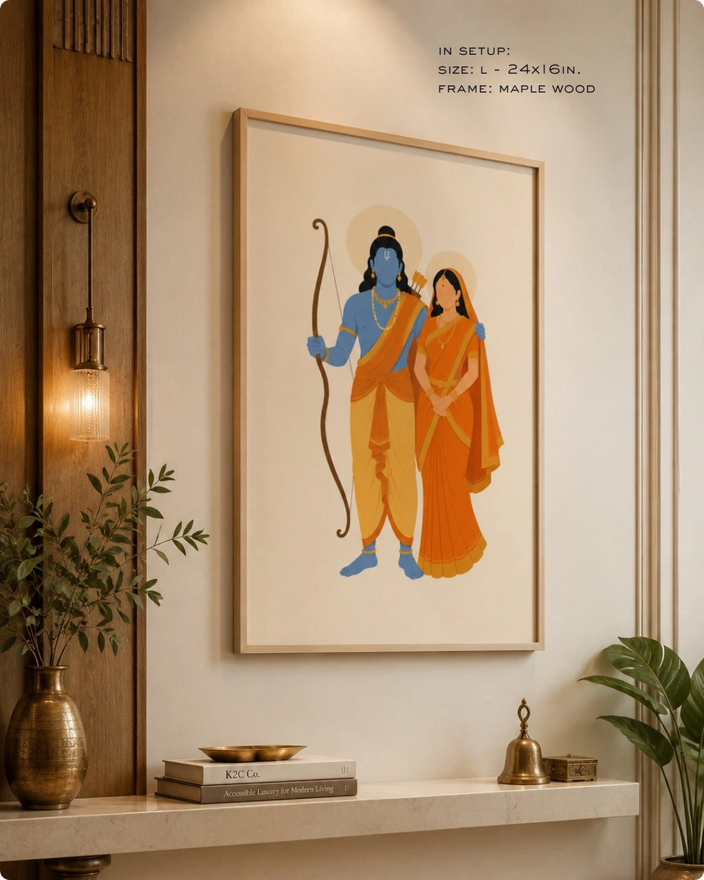 Lifestyle mockup of the minimalist Hindu divine couple Sita and Rama wall art in a maple wood frame, hung in a warm, contemporary living space with botanical accents.