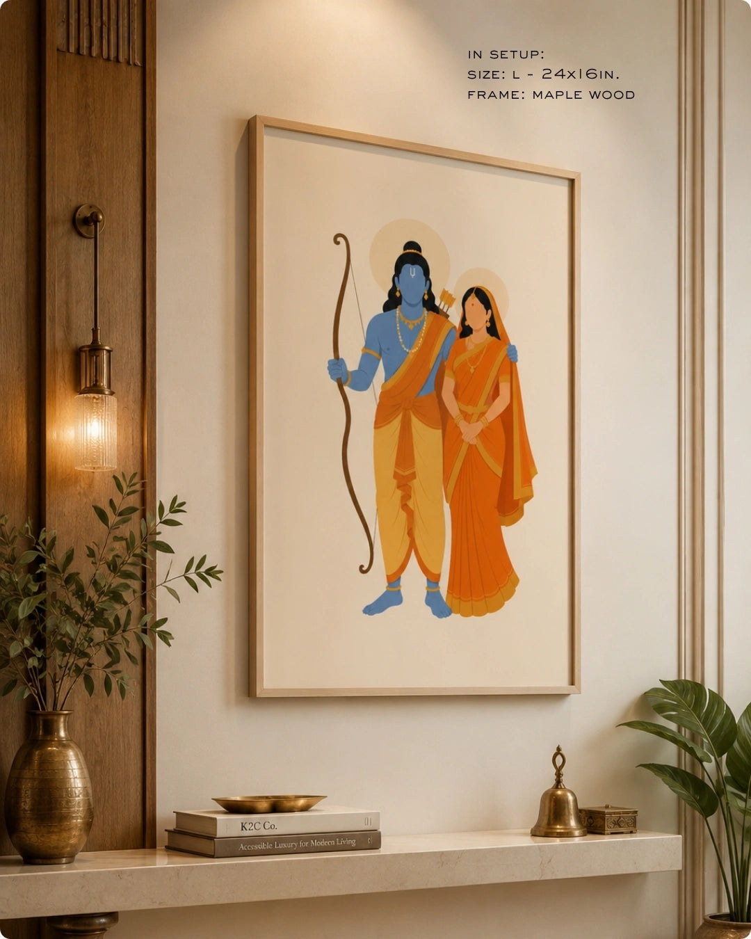 Lifestyle mockup of the minimalist Hindu divine couple Sita and Rama wall art in a maple wood frame, hung in a warm, contemporary living space with botanical accents.