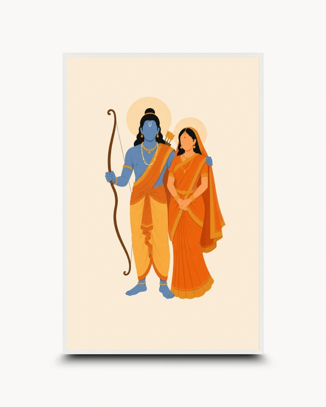 Minimalist illustration of the Hindu divine couple Sita and Rama, presented as a modern wall art piece in a clean moon white frame.