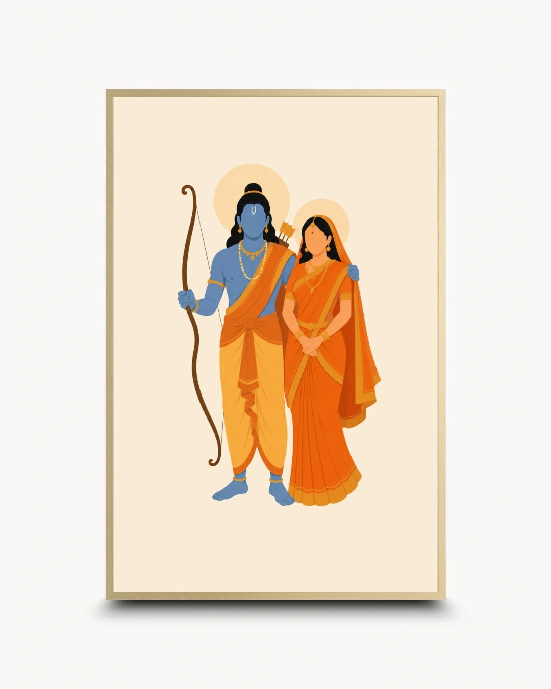 Minimalist illustration of the Hindu divine couple Sita and Rama, presented as a modern wall art piece in an elegant satin gold frame.