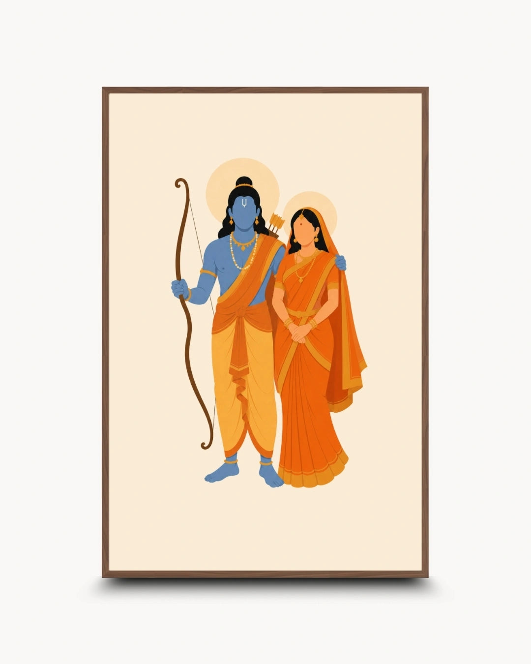 Minimalist illustration of the Hindu divine couple Sita and Rama, presented as a modern wall art piece in a rich walnut wood frame.