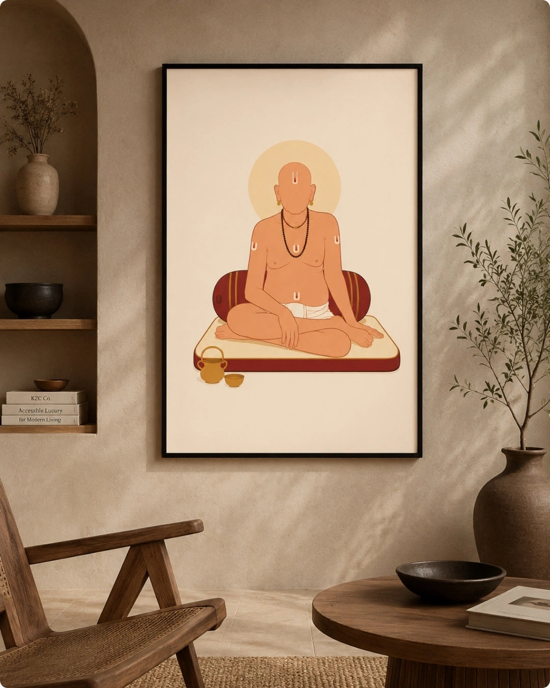 A framed art print featuring a minimalist illustration of Swami Samarth in warm beige, orange, and brown tones, displayed on a textured beige wall in a styled room with wooden furniture and shelves.