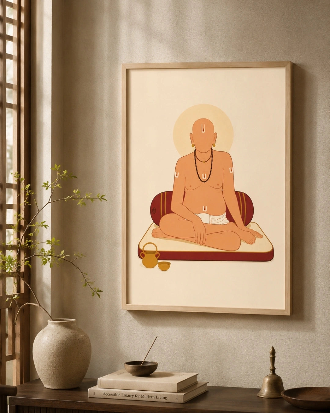 A framed art print featuring a minimalist illustration of Swami Samarth with a halo, displayed on a beige wall above a wooden console table with books, a vase, and a small bell.