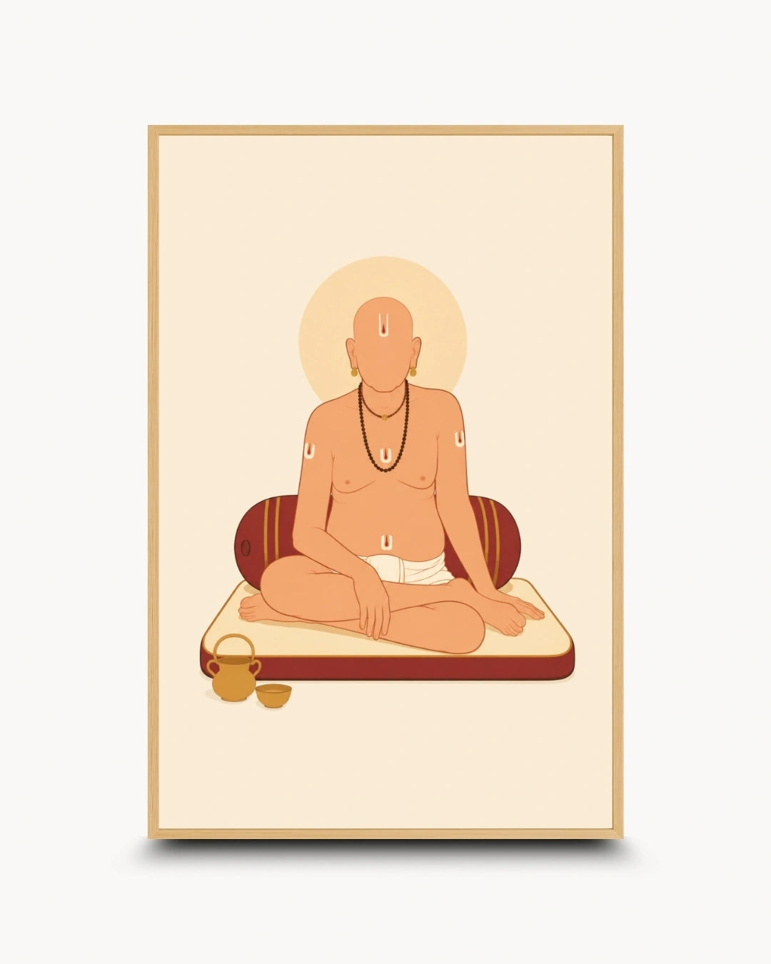 A framed art print featuring a minimalist illustration of Swami Samarth with a halo, rendered in warm beige, peach, and rust tones on a light cream background.
