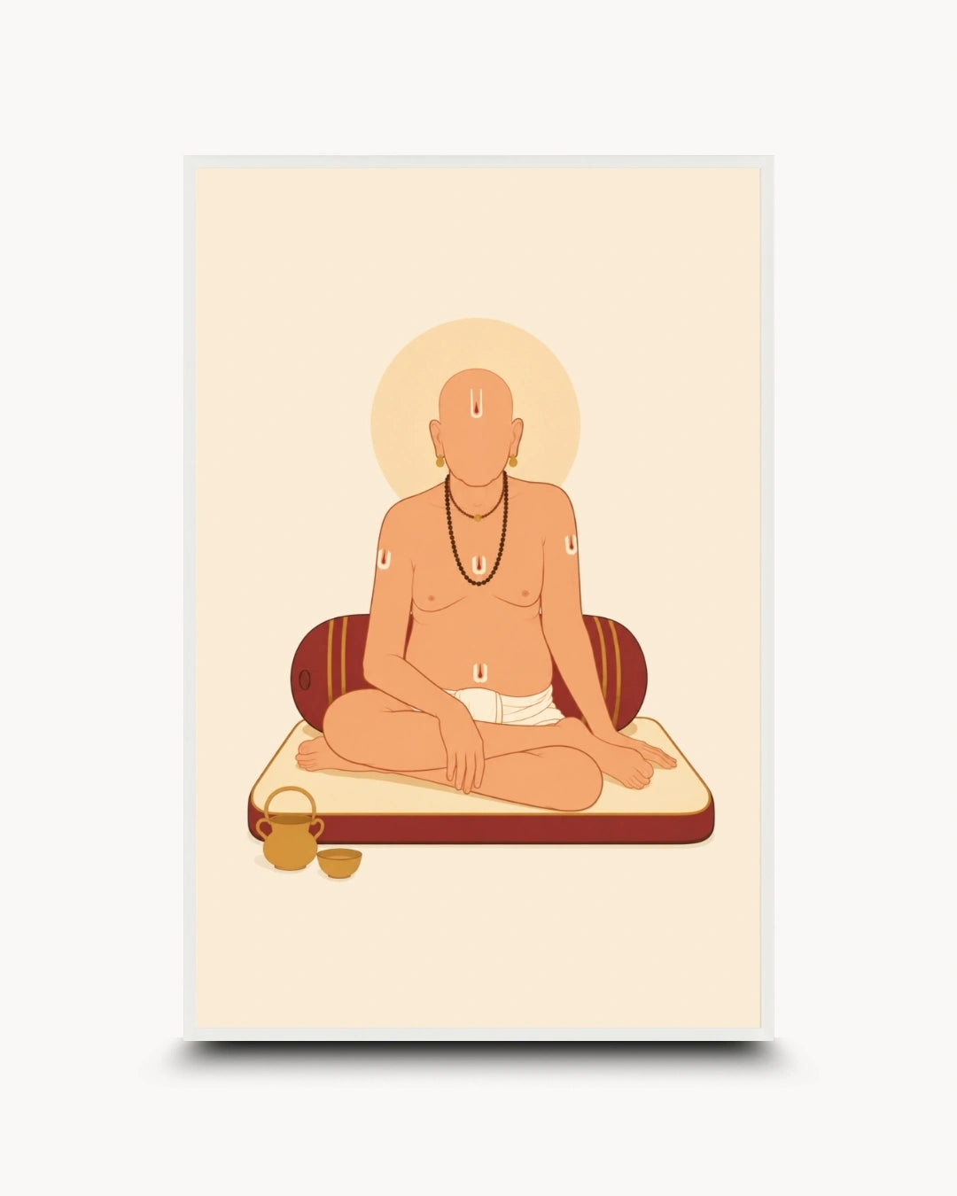 A minimalist art print featuring a seated Swami Samarth with a gold halo, depicted in warm beige, orange, and brown tones on a cream background.