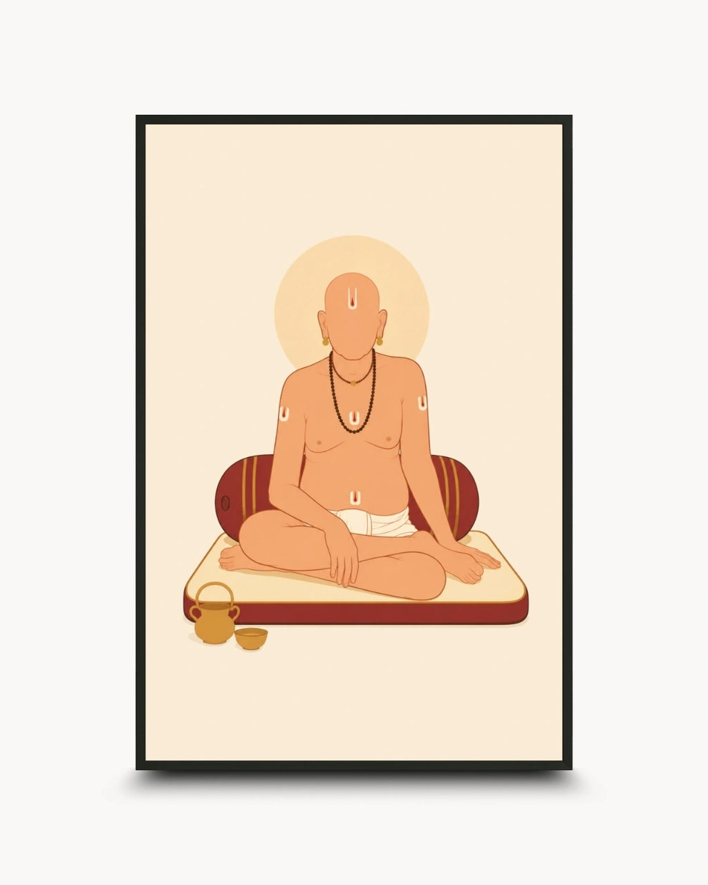 A framed minimalist art print featuring Swami Samarth with a halo, rendered in warm beige, peach, and rust tones on a cream background, shown against a light gray wall.
