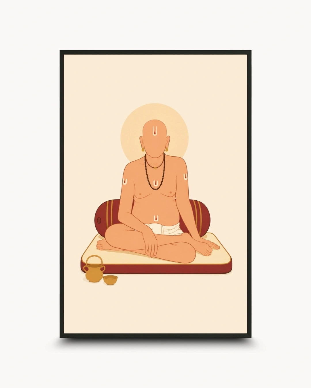 A framed minimalist art print featuring Swami Samarth with a halo, rendered in warm beige, peach, and rust tones on a cream background, shown against a light gray wall.