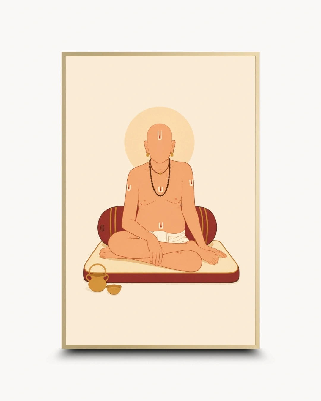 A framed art print featuring a minimalist illustration of Swami Samarth with a halo, rendered in warm beige, peach, and rust tones on a light cream background.