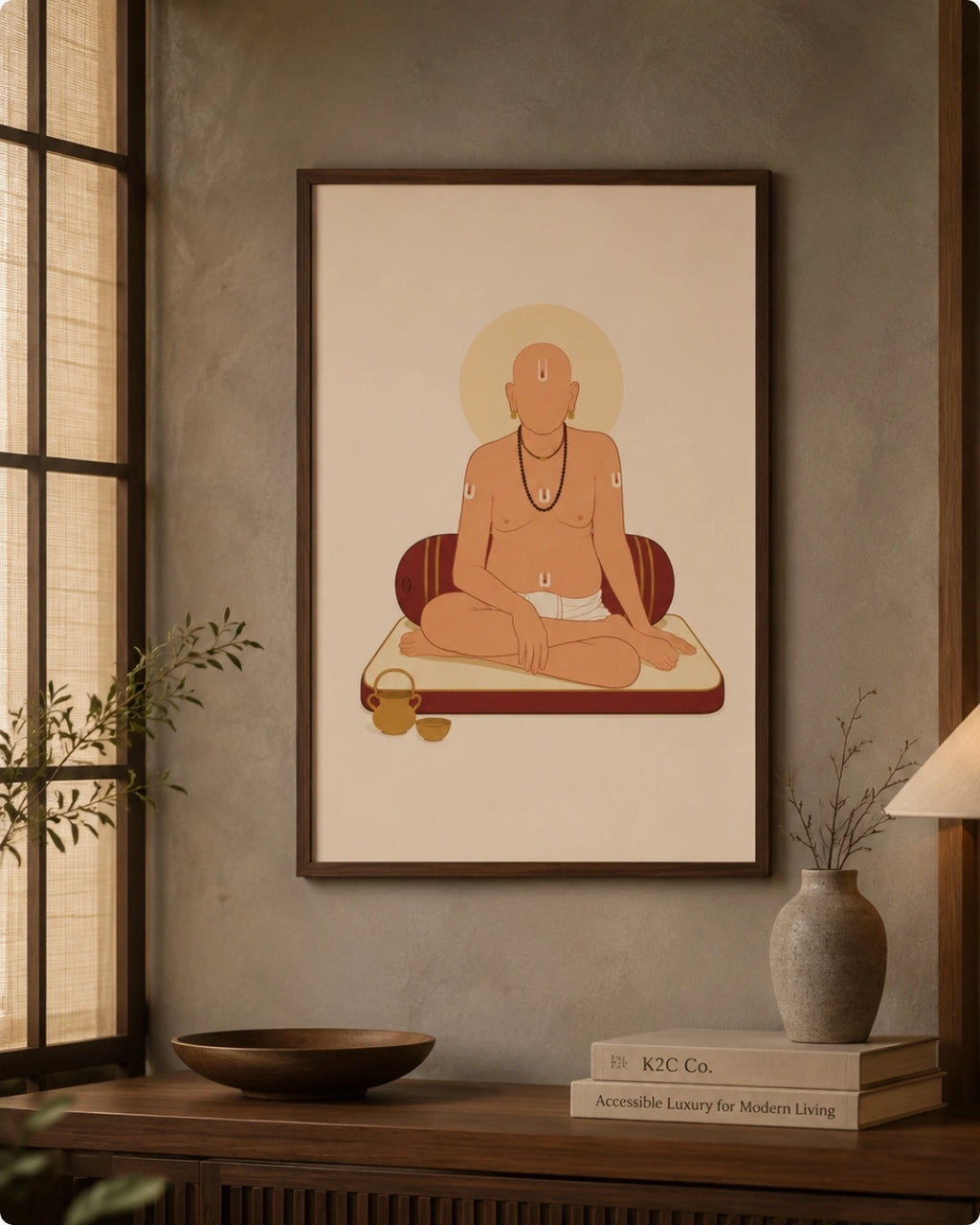 A framed art print featuring a minimalist illustration of Swami Samarth with a halo, displayed on a textured gray wall above a wooden console table with a bowl, books, and a vase.
