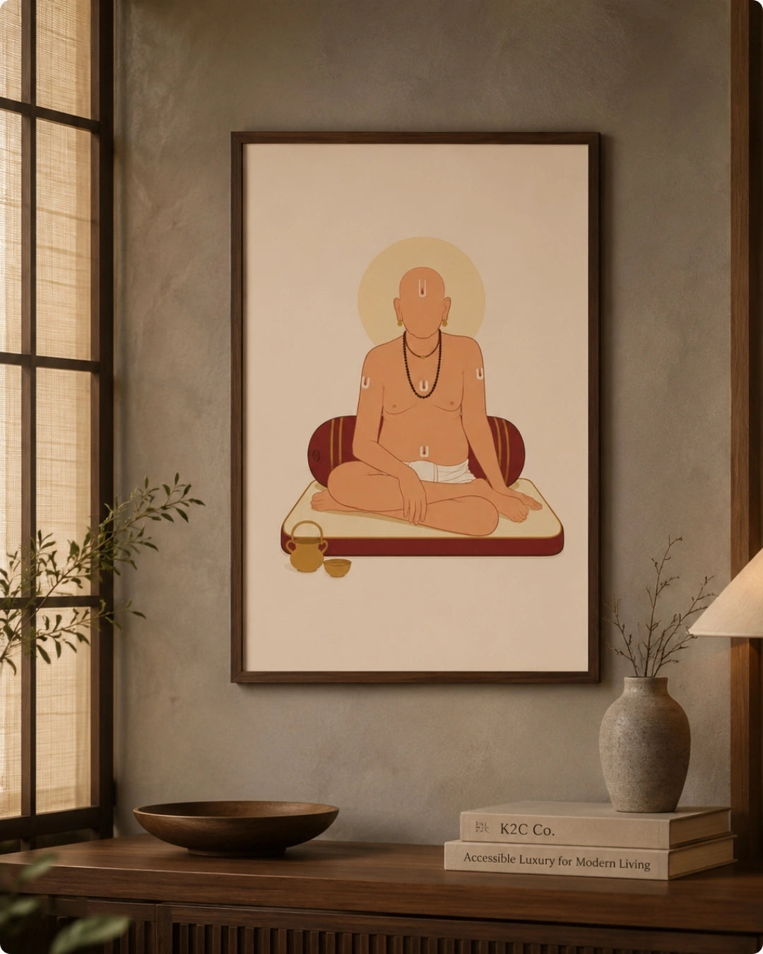 A framed art print featuring a minimalist illustration of Swami Samarth with a halo, displayed on a textured gray wall above a wooden console table with a bowl, books, and a vase.