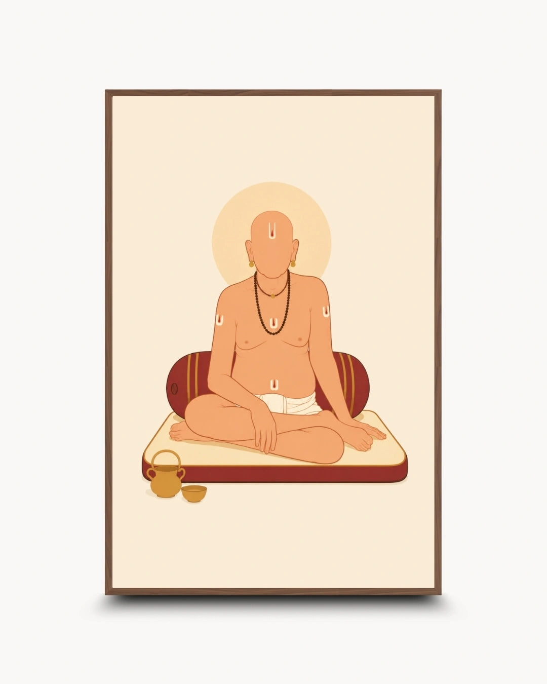 A framed art print featuring a minimalist illustration of Swami Samarth with a halo, shown against a light gray background.