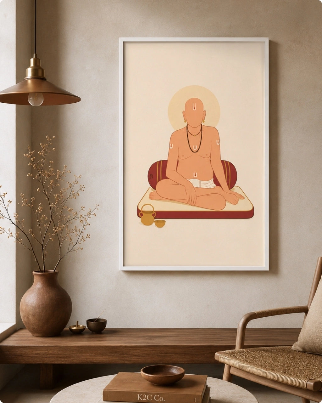 A framed minimalist art print of Swami Samarth with a halo, displayed on a beige wall in a styled room with a wooden shelf, vase, pendant light, and chair.