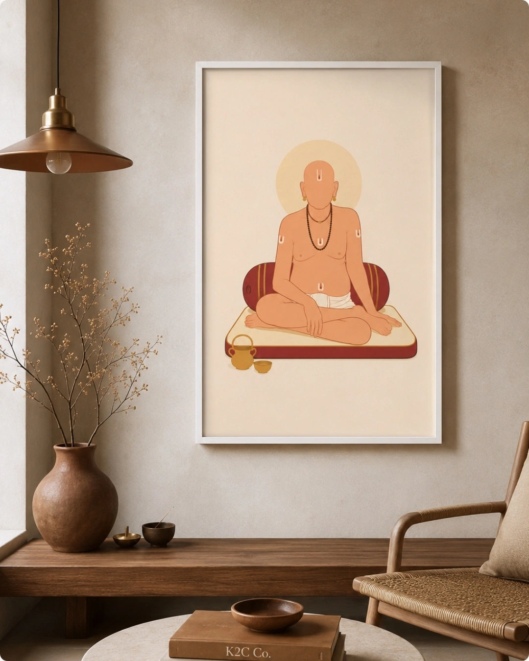 A framed minimalist art print of Swami Samarth with a halo, displayed on a beige wall in a styled room with a wooden shelf, vase, pendant light, and chair.