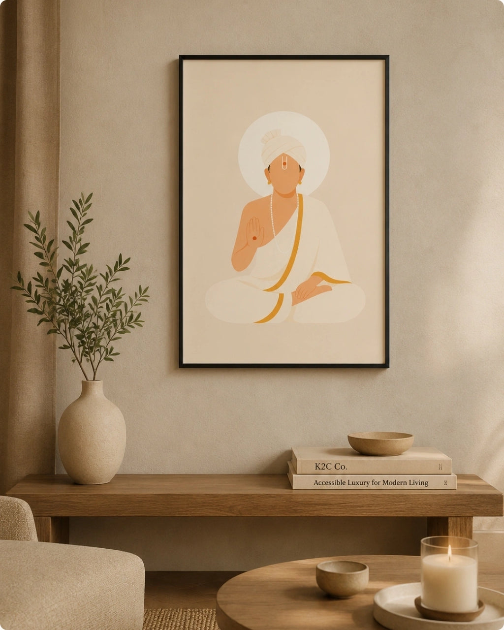 Lifestyle mockup of the Swaminarayan wall art in a sleek black frame styled above a natural wood bench with an earthy ceramic vase.