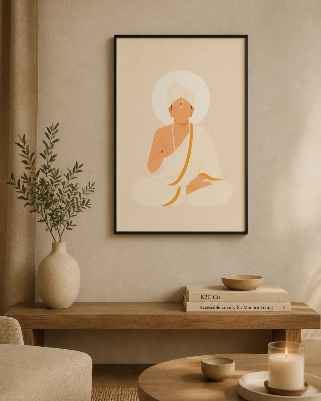 A minimalist framed art print featuring Swaminarayan in warm beige, cream, and orange tones, hanging on a textured beige wall above a wooden console table styled with a vase, books, and candles.