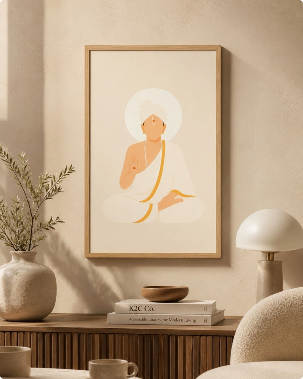 A framed minimalist art print of Swaminarayan in warm beige, cream, and mustard tones, displayed on a beige wall above a wooden console table styled with a vase, books, and a lamp.