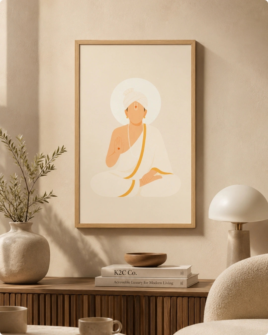 A framed minimalist art print of Swaminarayan in warm beige, cream, and mustard tones, displayed on a beige wall above a wooden console table styled with a vase, books, and a lamp.