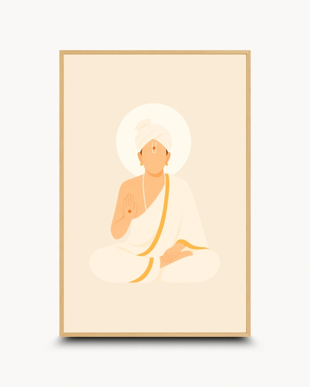 Minimalist illustration of Bhagwan Swaminarayan seated peacefully in white robes presented as a modern wall art piece in a light maple wood frame.
