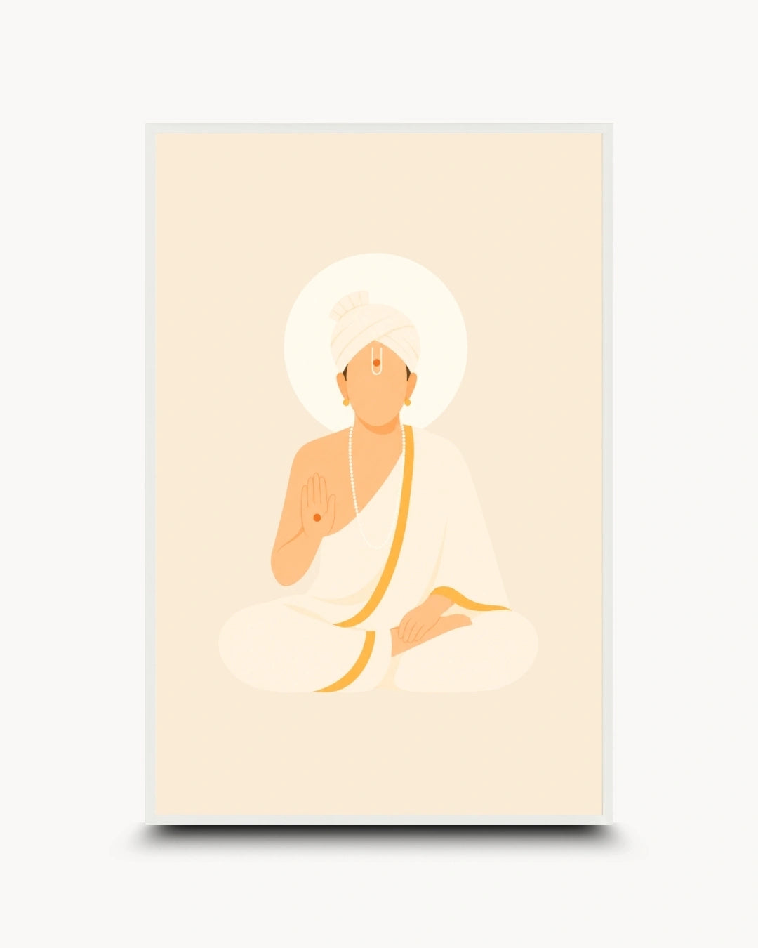 Minimalist illustration of Bhagwan Swaminarayan seated peacefully in white robes presented as a modern wall art piece in a clean moon white frame.