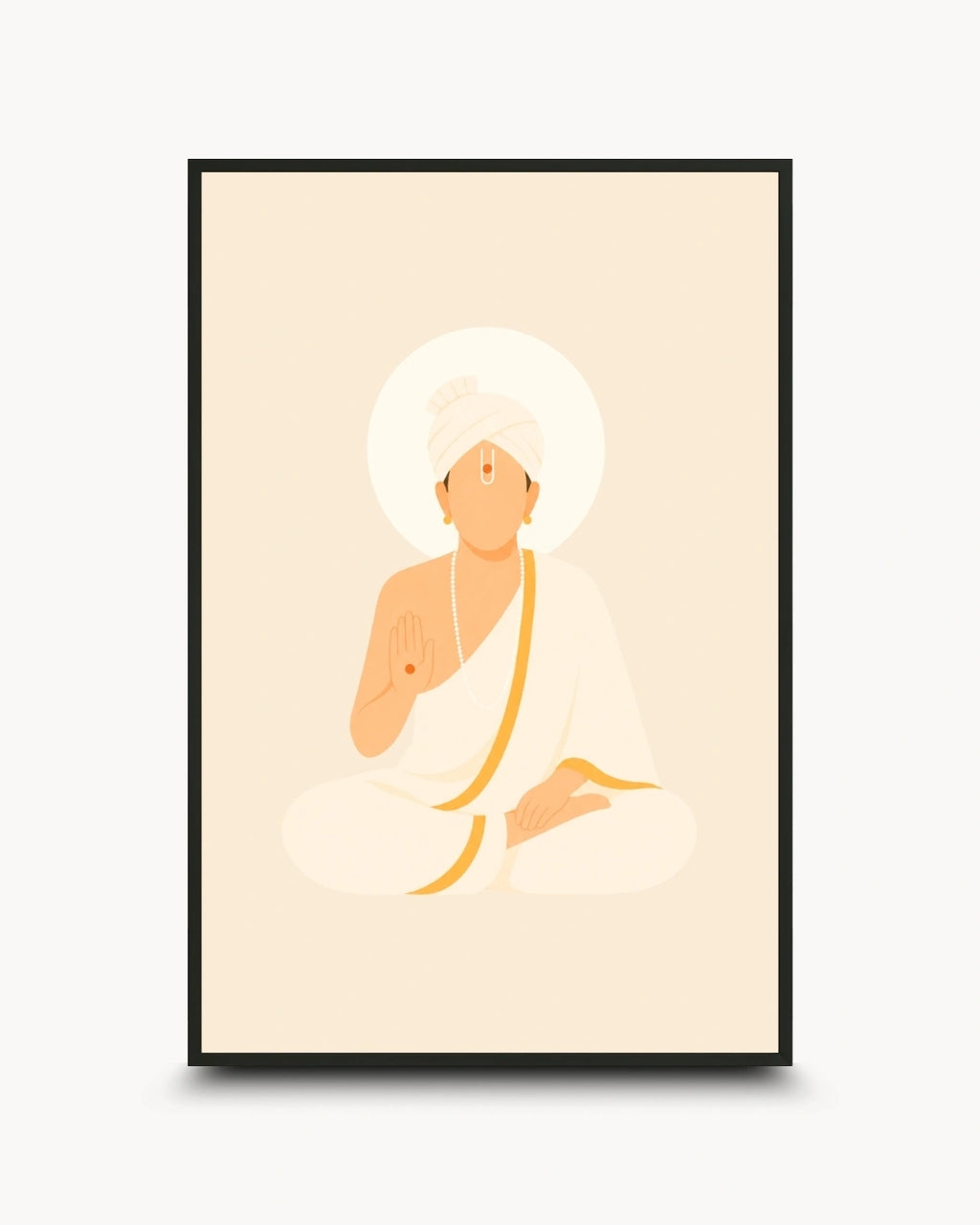 Minimalist illustration of Bhagwan Swaminarayan seated peacefully in white robes presented as a modern wall art piece in a sleek noir black frame.