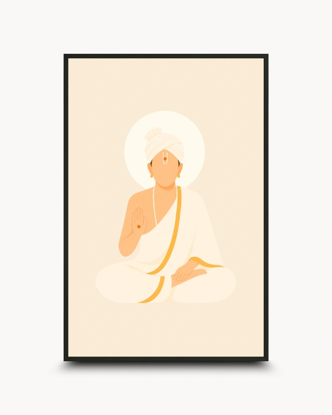 Minimalist illustration of Bhagwan Swaminarayan seated peacefully in white robes presented as a modern wall art piece in a sleek noir black frame.