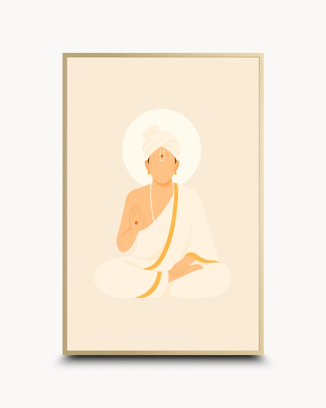 Minimalist illustration of Bhagwan Swaminarayan seated peacefully in white robes presented as a modern wall art piece in an elegant satin gold frame.