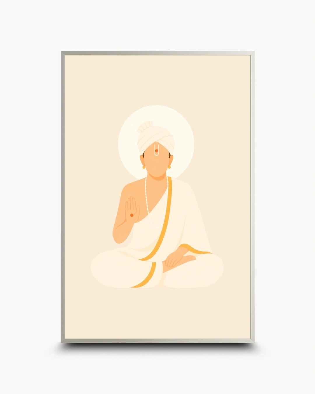 Minimalist illustration of Bhagwan Swaminarayan seated peacefully in white robes presented as a modern wall art piece in a modern satin silver frame.