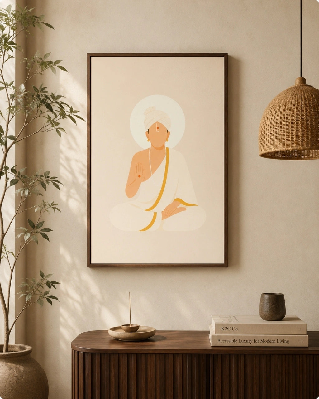 A framed minimalist art print of Swaminarayan in warm beige and orange tones, displayed on a beige wall above a wooden console table with a plant, books, and a pendant light.
