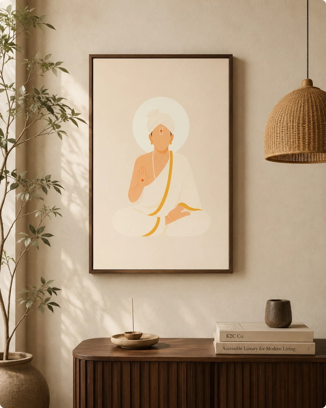 A framed minimalist art print of Swaminarayan in warm beige and orange tones, displayed on a beige wall above a wooden console table with a plant, books, and a pendant light.