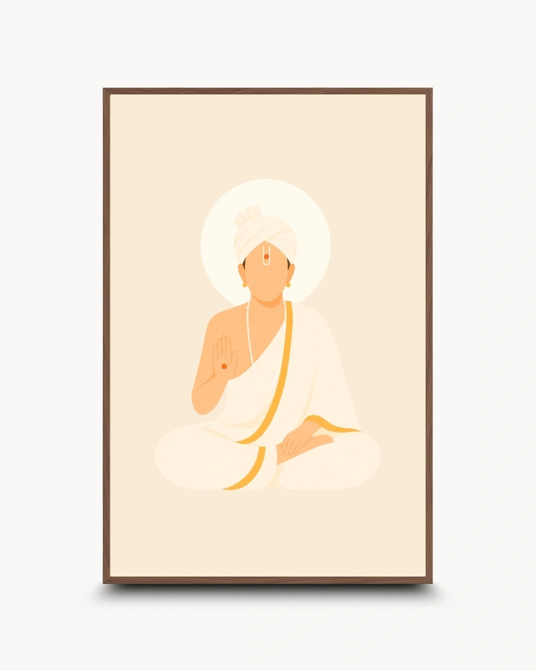 Minimalist illustration of Bhagwan Swaminarayan seated peacefully in white robes presented as a modern wall art piece in a rich walnut wood frame.