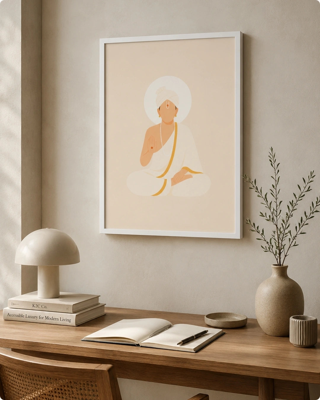 A framed minimalist art print featuring Swaminarayan in warm beige and peach tones, displayed on a beige wall above a wooden desk styled with a lamp, books, an open notebook, and a vase with dried branches.