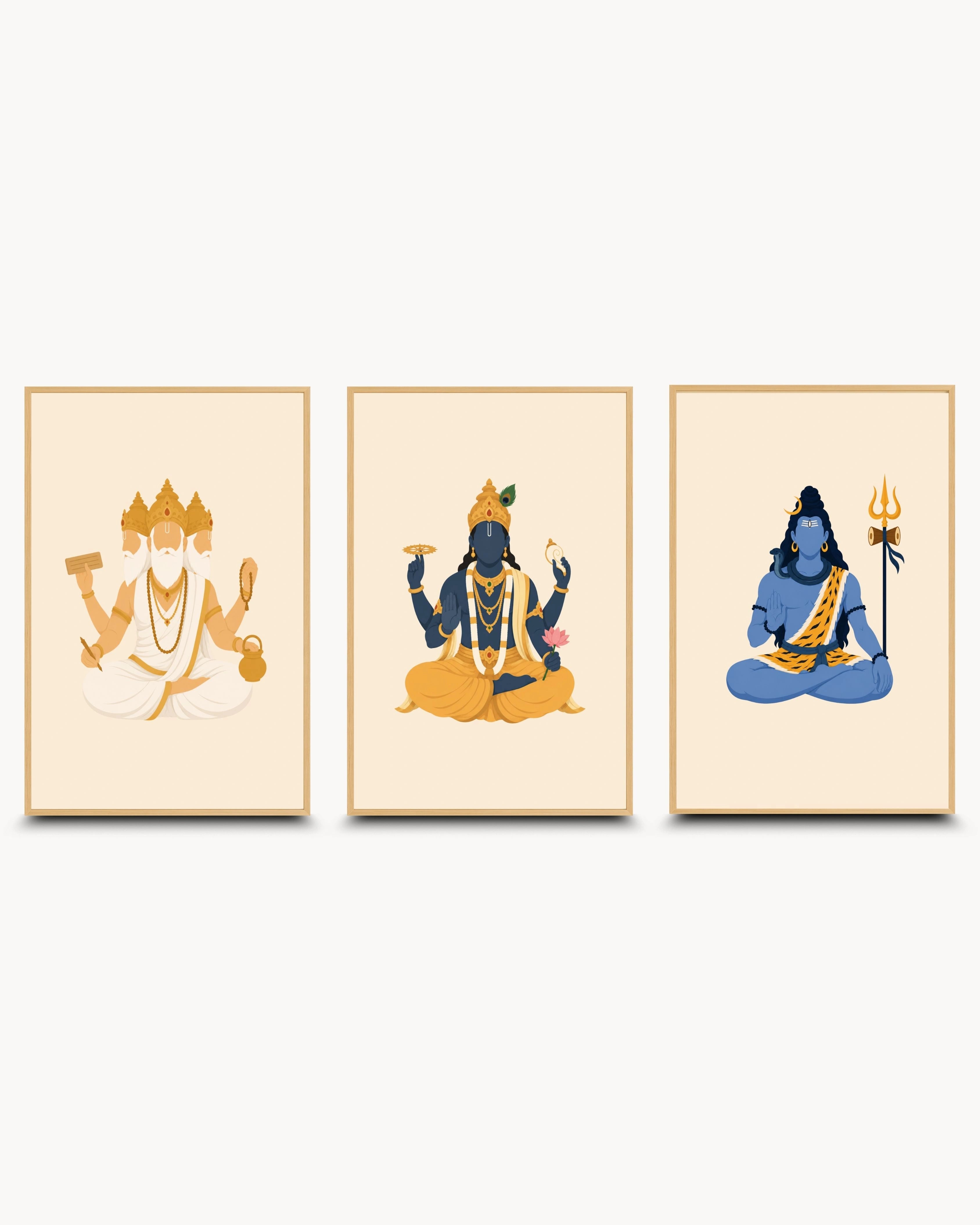 Minimalist illustration of the Hindu Trimurti deities Brahma, Vishnu, and Shiva, presented as a set of three framed wall art pieces in a light maple wood frame.