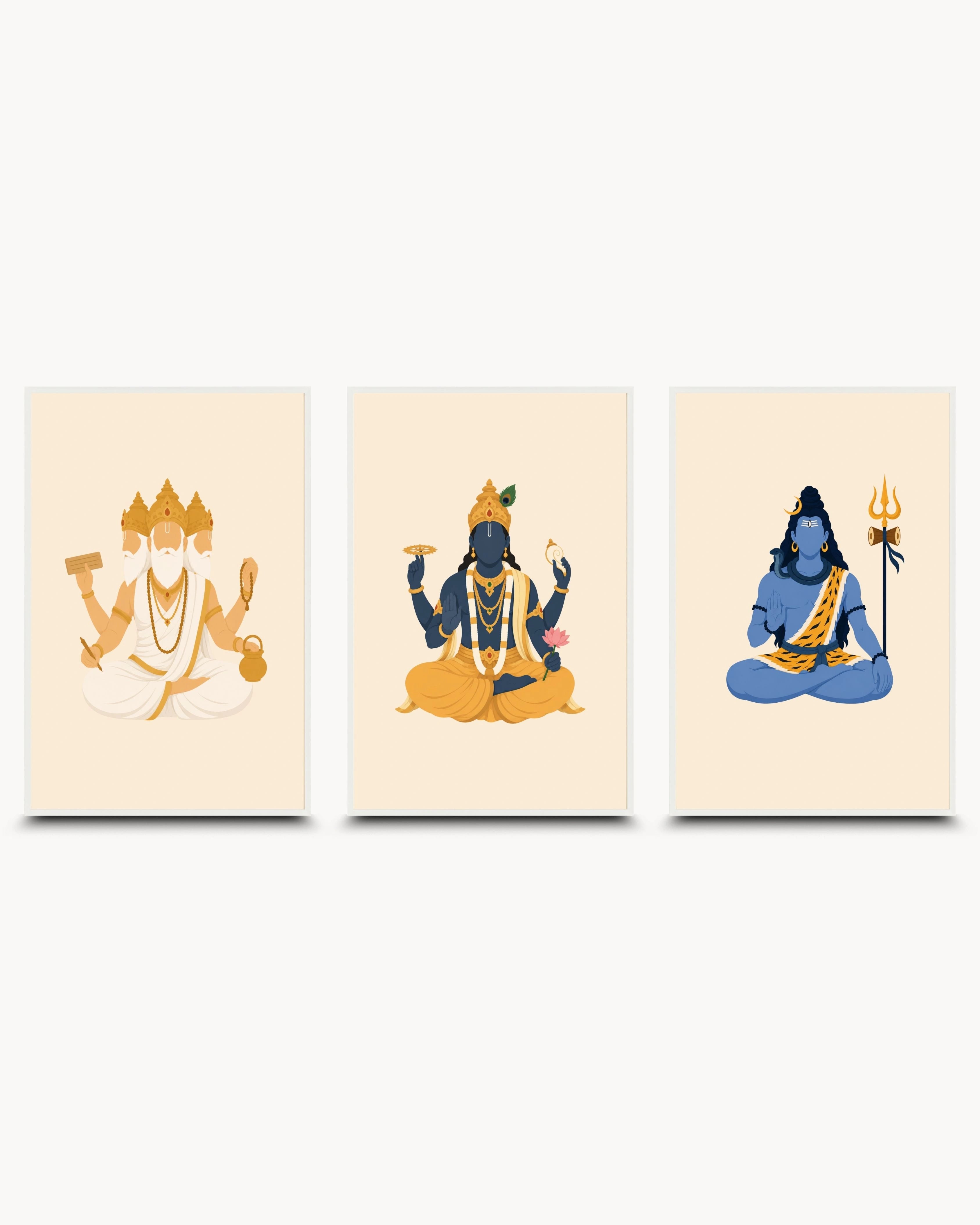 Minimalist illustration of the Hindu Trimurti deities Brahma, Vishnu, and Shiva, presented as a set of three framed wall art pieces in a clean moon white frame.